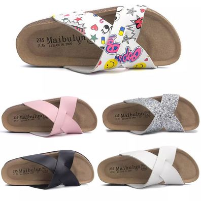 Damen Pantoletten PU Sandalen Korksohle Fußbett Hausschuhe Slippers Weich 35-43