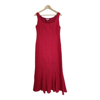 Vintage Langes Leinenkleid Damen Sommer Kleid Elegant 90s Figurbetont Rot L 40
