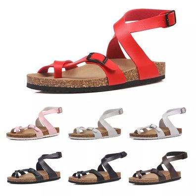 Damen Pantoletten Sandalen Natur Kork Römersandalen Verstellbarer Knöchelriemen