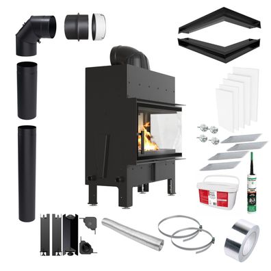 KRATKI FLOKI L Rechter Kaminofen 12 kW Ø200 Schwarz Set für Montage