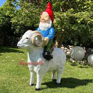 Gartenzwerg Figur Schaf Ziege Bock Zigenbock Statue Zwerg Reiten Deko Gartenfigur bla