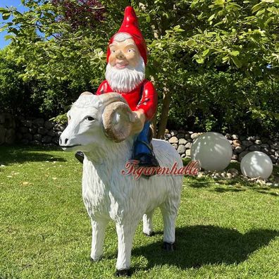 Gartenzwerg Figur Schaf Ziege Bock Zigenbock Statue Zwerg Reiten Deko Gartenfigur rot