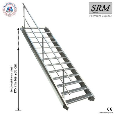 13 Stufen Stahltreppe Breite 60 - 160cm Geschosshöhe 195 - 260cm Geländer einseitig