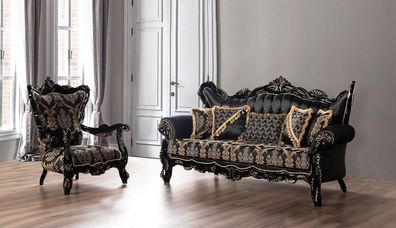 Schwarze Barock Möbel Sofagarnitur Sofa Couch Polster Möbel Tisch 5Tlg