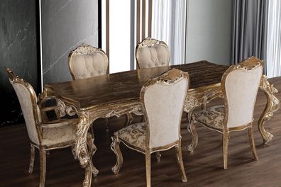 Esszimmer Set Gold Essgruppe Tisch + 4X Lehnstuhl Chesterfield Holz