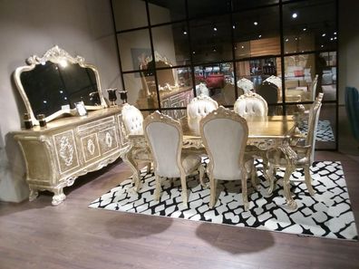Esszimmer Garnitur Essgruppe Esstisch + 6X Lehnstuhl Chesterfield Holz