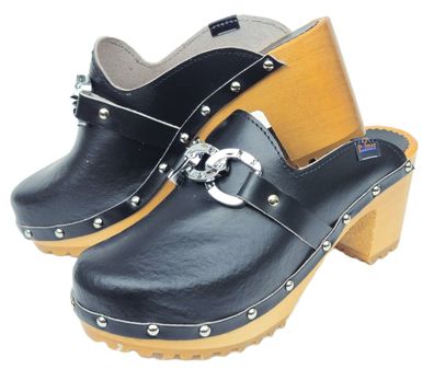 Moderne High Heels HOLZ CLOGS Holz Pantolette Gr.36 bis 41 Echt Leder * Schwarz*