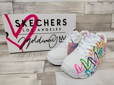 Skechers Damen Schnürschuh weiß mit bunten Herzchen