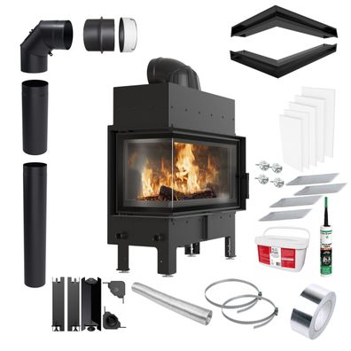 Kamin KRATKI FLOKI L Links 12kW Ø200 Schwarz mit Türschließung Set für Montage