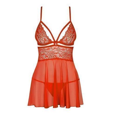 Verfuehrerisches Obsessive Damen Babydoll Set in Rot mit String - Nachtwaesche fuer