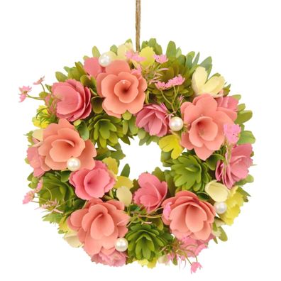 Frühlingskranz aus Holzblumen rosa Ø30 cm