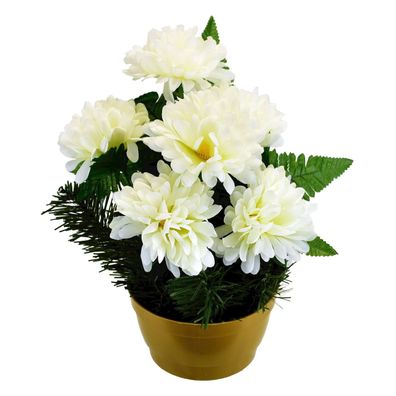 Herbstschale mit cremefarbenen Chrysanthemen und Farnen 23 x 22 cm