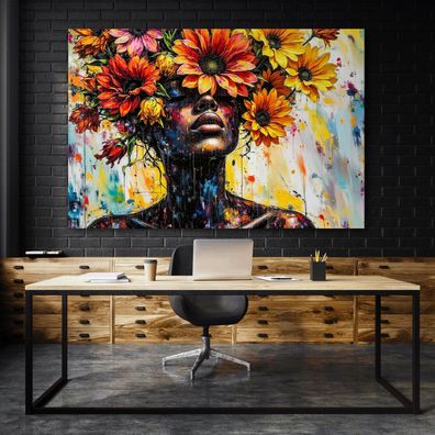 Abstrakte Frauen mit bunten Blumen Wandbild Leinwand, Acrylglas oder Poster Kunst Nr2