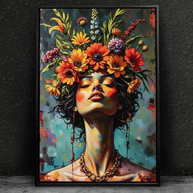 Abstrakte Frauen mit bunten Blumen Wandbild Leinwand, Acrylglas - Poster Kunst Nr11