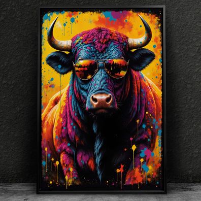 Stier in bunten Farben Kunst, Tier Wandbild Leinwand, Acrylglas oder Poster nr1