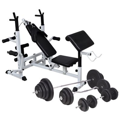 vidaXL Hantelbank mit Ablage, Langhantel und Kurzhantel-Set 120 kg