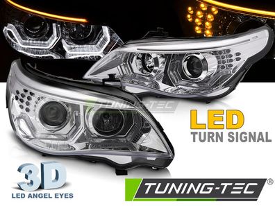 3D LED Angel Eyes Scheinwerfer für BMW 5er E60 / E61 03-07 chrom mit LED Blinker