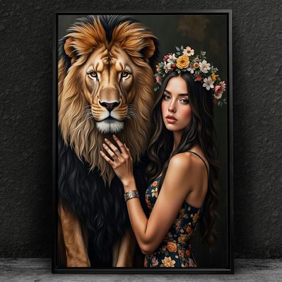 Frau und Löwe Tier, Kunst Wandbild Leinwand, Acrylglas oder Poster