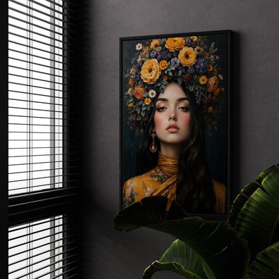 Frau mit Blumenporträt, weibliche Kunst Wandbild Leinwand, Acrylglas, Poster Nr1