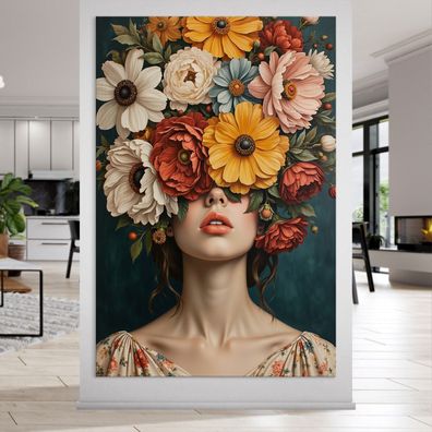 Frau mit Blumenporträt, weibliche Kunst Wandbild Leinwand, Acrylglas, Poster Nr3