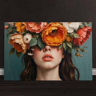 Frau mit Blumenporträt, weibliche Kunst Wandbild Leinwand, Acrylglas, Poster Nr12