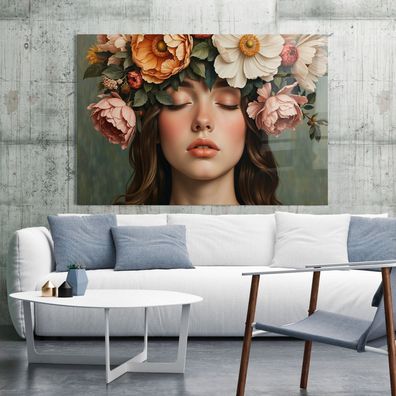 Frau mit Blumenporträt, weibliche Kunst Wandbild Leinwand, Acrylglas, Poster Nr15