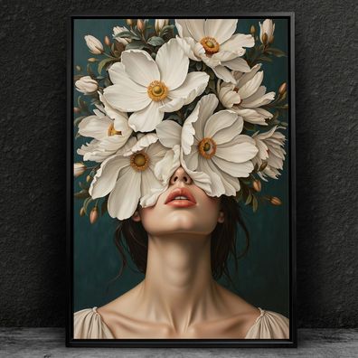 Frau mit Blumenporträt, weibliche Kunst Wandbild Leinwand, Acrylglas, Poster Nr23
