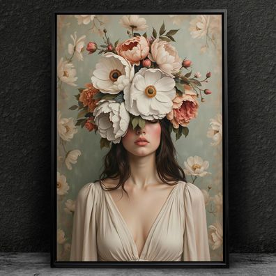 Frau mit Blumenporträt, weibliche Kunst Wandbild Leinwand, Acrylglas, Poster Nr26