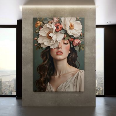 Frau mit Blumenporträt, weibliche Kunst Wandbild Leinwand, Acrylglas, Poster Nr31