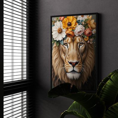 Löwe mit Blumen auf dem Kopf, Tier Kunst Wandbild Leinwand, Acrylglas, Poster Nr1