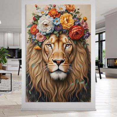 Löwe mit Blumen auf dem Kopf, Tier Kunst Wandbild Leinwand, Acrylglas, Poster Nr2