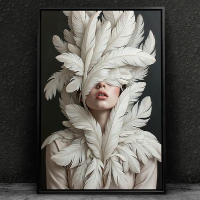 Weiße Vogel-Feder-Frauen Kunst, weibliches Wandbild, Acrylglas, Poster, Leinwand