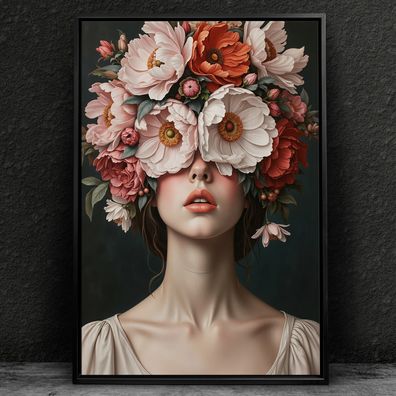 Frau mit Blumenporträt, weibliche Kunst Wandbild Leinwand, Acrylglas, Poster Nr48