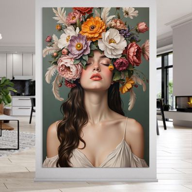 Frau mit Blumenporträt, weibliche Kunst Wandbild Leinwand, Acrylglas, Poster Nr55