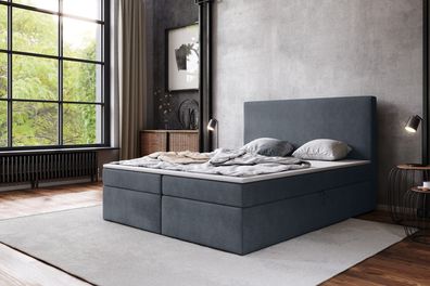 AX LIVING Boxspringbett 140x200 Kilve - Dunkelgrau Samt mit Bettkasten & Topper