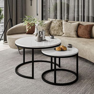 2x Rund Couchtisch-Set Alford 70x49 50x39 Schwarz Weiß Hochglanz Beistelltisch