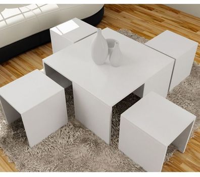 Ausziehbar Couchtisch-Set Ortanca Weiß 60x40x60 Holz Modern Beistelltisch NEU