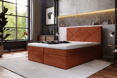 AX LIVING Boxspringbett 160x200 Bratton - Amber Samt mit Bettkasten & Topper