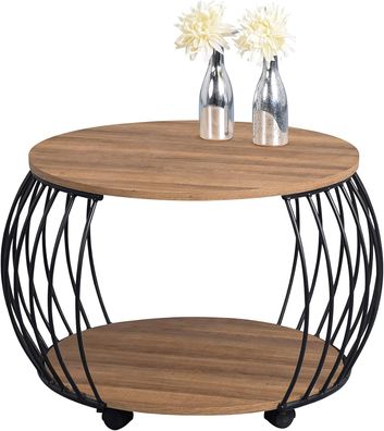 Rund Couchtisch mit Stauraum Nystrom &Oslash; 65 Braun Massivholz Beistelltisch NEU