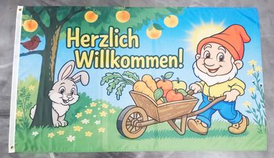 Fahne Flagge Herzlich Willkommen Gartenzwerg Frühling - 90 x 150 cm