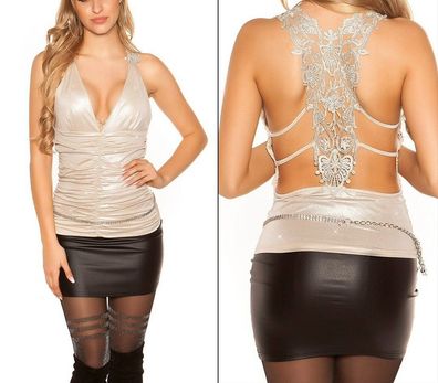 SeXy Miss Damen Abend Raff V Top Häkel Spitze Rücken XS/S beige Glamour glitzer