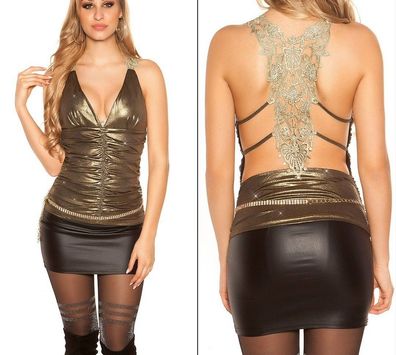 SeXy Miss Damen Abend Raff V Top Häkel Spitze Rücken XS/S gold Glamour glitzer