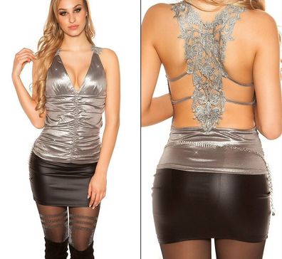 SeXy Miss Damen Abend Raff V Top Häkel Spitze Rücken XS/S grau Glamour glitzer