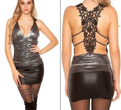 SeXy Miss Damen Abend Raff V Top Häkel Spitze Rücken XS/S schwarz Glamour glitzer