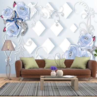 3D Vlies Fototapete Wandtapete Wandbilder 3D Weiss und Bleu Blumen 1018