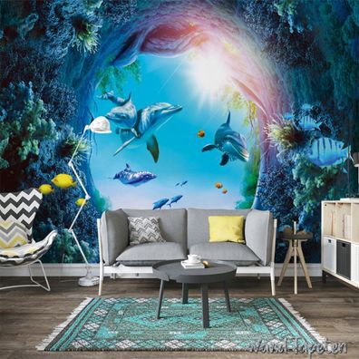 Vlies Fototapete Wandtapete Wandbilder 3D Effekt Unterwasserwelt Dolphin 2899