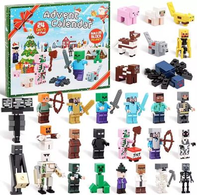 Adventskalender 2025 Minecraft, 24 Tage Spielzeugfigur Bausteine Countdown-Kalender
