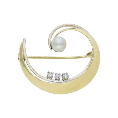 Brosche 585/000 Gelb- Weißgold, Akoyazuchtperle, Diamanten, Second Hand 25321203