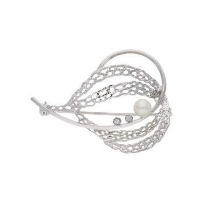 Brosche 585/000 Weißgold Diamant Akoya Zuchtperle Second Hand 25320824