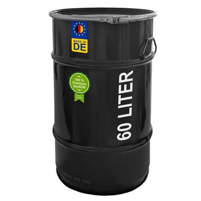 plasteo® 60 Liter Stahlfass Deckelfass Stahlbehälter | Tiefschwarz | UN-Zulassung